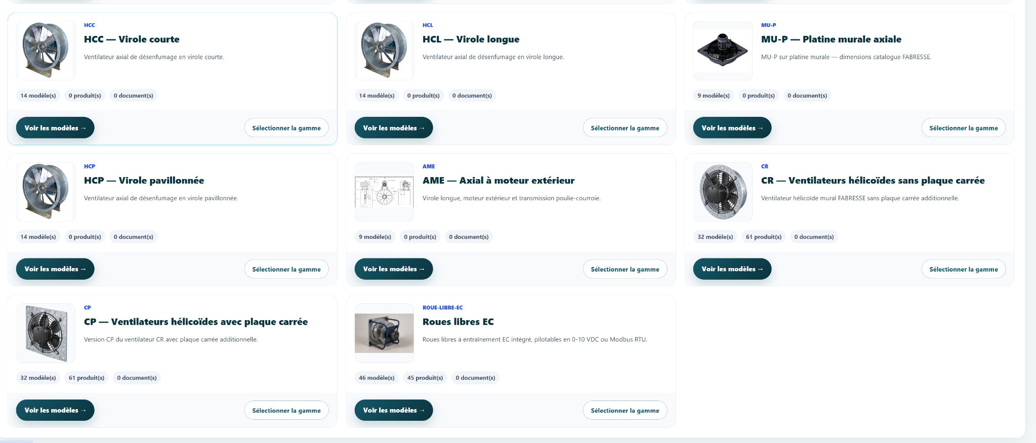 Capture du catalogue FABAIR SELECT avec les gammes de ventilateurs