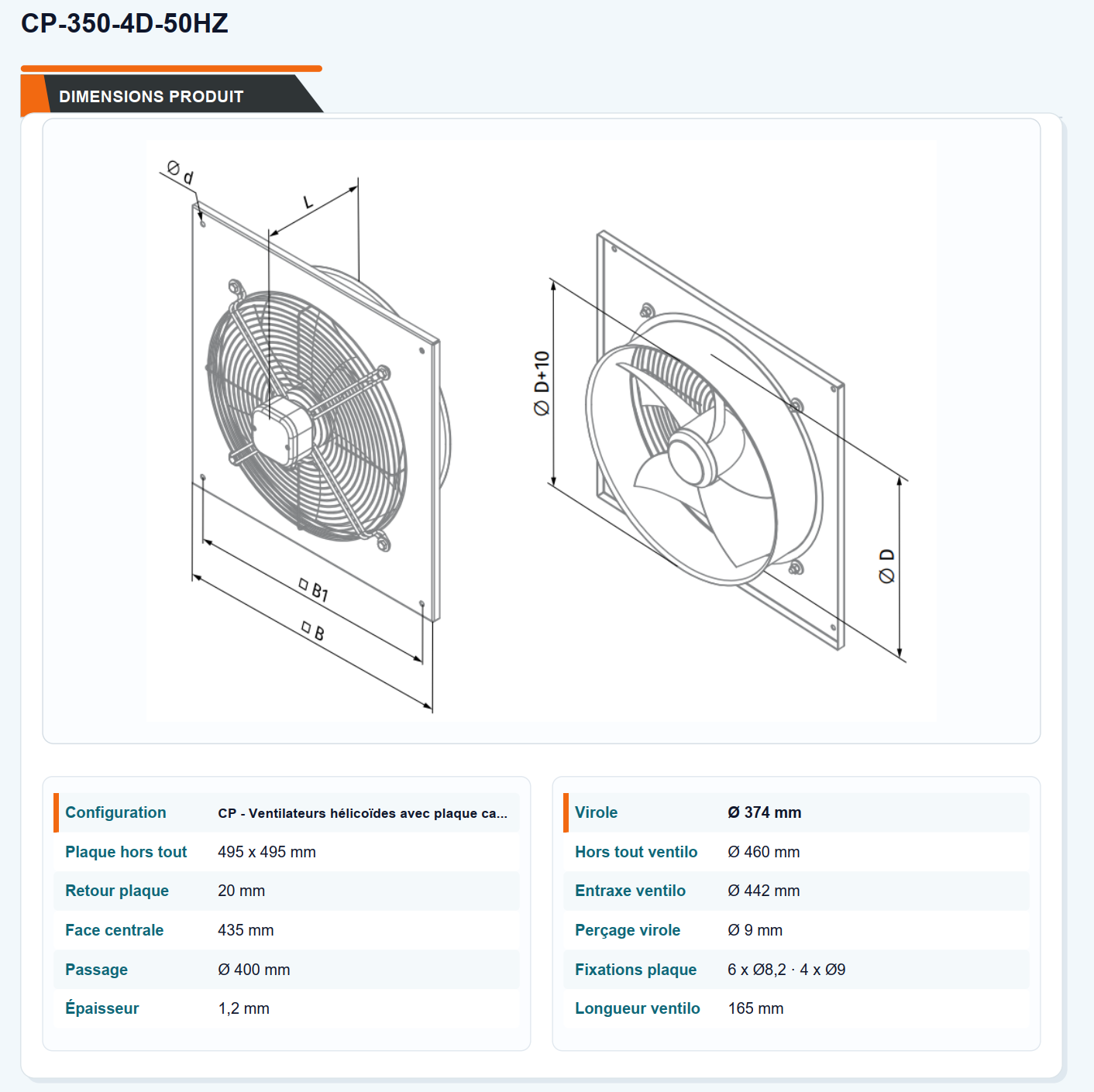 Capture FABAIR SELECT : vues et cotes du ventilateur CP